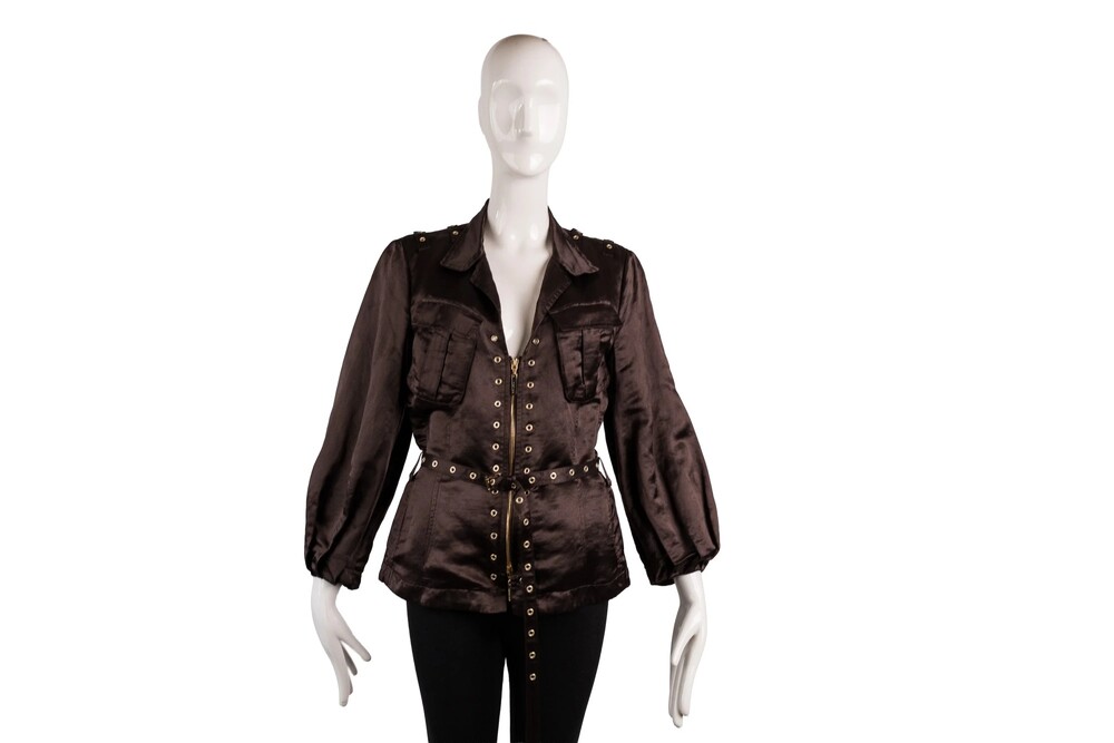 Roberto Cavalli Brown Utility Jacket Belted Satin Gold Hardware Size 43